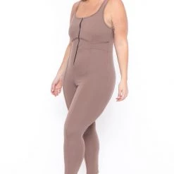 Curvy Sense Plus Size Bond Girl Jumpsuit- Mocha Back In Stock