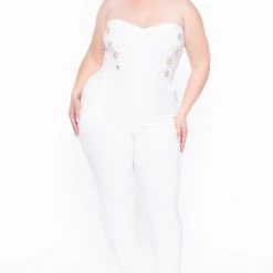Curvy Sense Party Jumpsuilts Plus Size Button Front Jumpsuit - Ivory