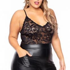 Curvy Sense Plus Size Cami Lace Top Jumpsuit - Black