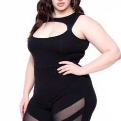 Curvy Sense Party Jumpsuilts Plus Size Cut-Out Mesh Jumpsuit - Black