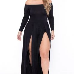 Curvy Sense Plus Size Dress Deidra M-Slit Jumpsuit- Black
