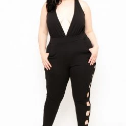 Curvy Sense Plus Size Electra Caged Jumpsuit - Black Party Jumpsuilts