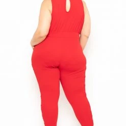 Curvy Sense Plus Size Electra Caged Jumpsuit - Red Party Jumpsuilts