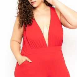 Curvy Sense Plus Size Electra Caged Jumpsuit - Red Party Jumpsuilts