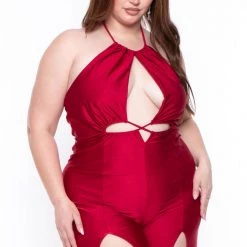 Curvy Sense Plus Size Elissa M-Slit Jumpsuit- Red