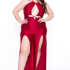 Curvy Sense Plus Size Elissa M-Slit Jumpsuit- Red