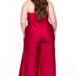 Curvy Sense Plus Size Elissa M-Slit Jumpsuit- Red