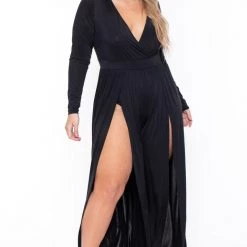 Curvy Sense Plus Size Ellia M-Slit Jumpsuit- Black