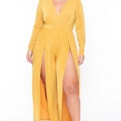 Curvy Sense Party Jumpsuilts Plus Size Ellia M-Slit Jumpsuit- Mustard