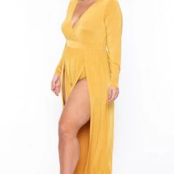 Curvy Sense Party Jumpsuilts Plus Size Ellia M-Slit Jumpsuit- Mustard