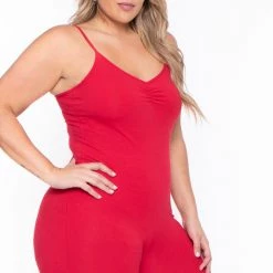 Curvy Sense Plus Size Essential Catsuit - Red Party Jumpsuilts