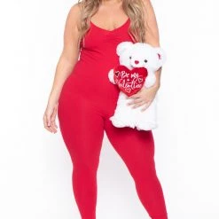 Curvy Sense Plus Size Essential Catsuit - Red Party Jumpsuilts