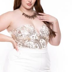 Curvy Sense Party Jumpsuilts Plus Size Estelle Sequin Jumpsuit- Ivory
