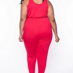 Curvy Sense Party Jumpsuilts Plus Size Eva French Terry Jumpsuit - Red