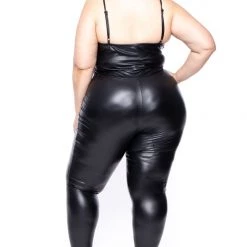 Curvy Sense Party Jumpsuilts Plus Size Faux Leather Catsuit - Black