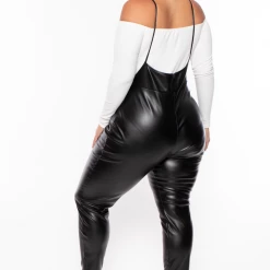 Curvy Sense Plus Size Faux Leather Suspender Jumpsuit - Black Back In Stock