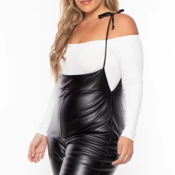 Curvy Sense Plus Size Faux Leather Suspender Jumpsuit - Black Back In Stock