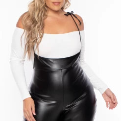 Curvy Sense Plus Size Faux Leather Suspender Jumpsuit - Black Back In Stock
