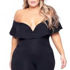 Curvy Sense Back In Stock Plus Size Frill Jumpsuit - Black
