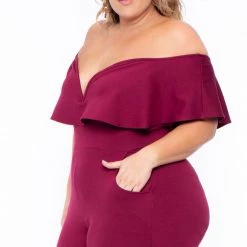 Curvy Sense Plus Size Frill Jumpsuit - Burgundy Back In Stock