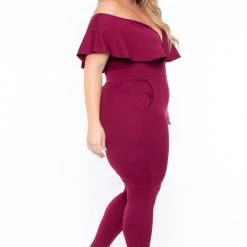 Curvy Sense Plus Size Frill Jumpsuit - Burgundy Back In Stock
