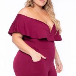 Curvy Sense Plus Size Frill Jumpsuit - Burgundy Back In Stock