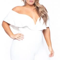 Curvy Sense Plus Size Frill Jumpsuit - Ivory