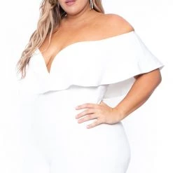 Curvy Sense Plus Size Frill Jumpsuit - Ivory