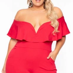 Curvy Sense Most Loved Plus Size Frill Jumpsuit - Red