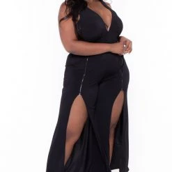 Curvy Sense Plus Size Giada M-Slit Jumpsuit- Black Party Jumpsuilts