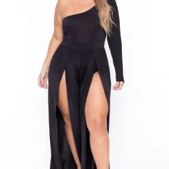 Curvy Sense Plus Size Gianna M-Slit Jumpsuit- Black Party Jumpsuilts