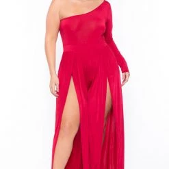 Curvy Sense Plus Size Gianna M-Slit Jumpsuit- Red