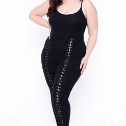 Curvy Sense Plus Size Grommet Lace Up Jumpsuit - Black Back In Stock