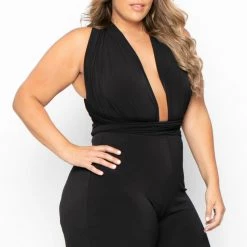 Curvy Sense Plus Size Infinity Plunging Jumpsuit - Black