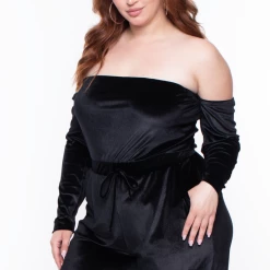 Curvy Sense Plus Size Isabelle Velour Off The Shoulder Jumpsuit - Black Party Jumpsuilts