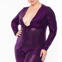 Curvy Sense Party Jumpsuilts Plus Size Jae Sequin Jumpsuit- Purple