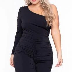 Curvy Sense Plus Size Jaelyn Ruched Jumpsuit- Black