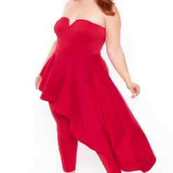 Curvy Sense Plus Size Kelsey Cascading Ruffle Jumpsuit - Red