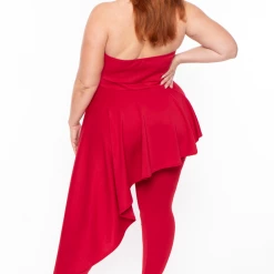 Curvy Sense Plus Size Kelsey Cascading Ruffle Jumpsuit - Red