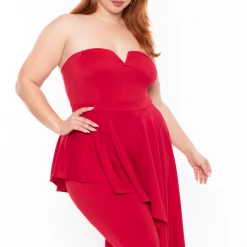 Curvy Sense Plus Size Kelsey Cascading Ruffle Jumpsuit - Red