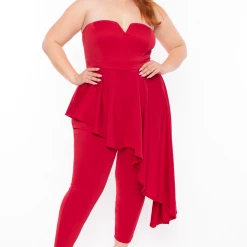 Curvy Sense Plus Size Kelsey Cascading Ruffle Jumpsuit - Red