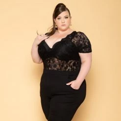 Curvy Sense Plus Size Lace Top Jumpsuit - Black Party Shop