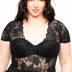 Curvy Sense Plus Size Lace Top Jumpsuit - Black Party Shop