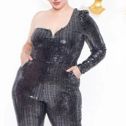 Curvy Sense Plus Size Mireya Shimmer Jumpsuit - Silver