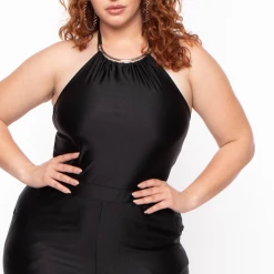 Curvy Sense Plus Size Necklace Halter Jumpsuit - Black Party Jumpsuilts