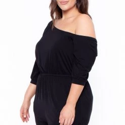 Curvy Sense Party Jumpsuilts Plus Size Off The Shoulder Capri Jumpsuit - Black