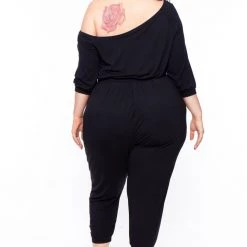 Curvy Sense Party Jumpsuilts Plus Size Off The Shoulder Capri Jumpsuit - Black 9 Curvy Sense Party Jumpsuilts Plus Size Off The Shoulder Capri Jumpsuit - Black