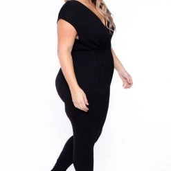 Curvy Sense Plus Size Rosewood Cross Front Jumpsuit - Black Back In Stock