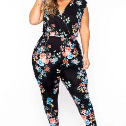 Curvy Sense Plus Size Rosewood Print Jumpsuit - Black