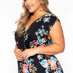 Curvy Sense Plus Size Rosewood Print Jumpsuit - Black